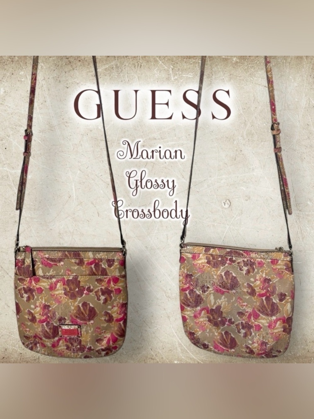 GUESS Marian Glossy Shine Tan Pink Brown Gold Floral Handbag Purse Crossbody